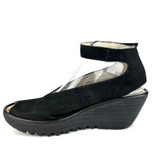 Fly London Black Suede Perforated Wedge Sandals - Size 40/ 9-9.5